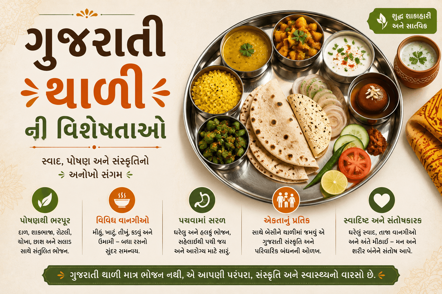 ગુજરાતી થાળીની વિવિધ વાનગીઓ અને તેની વિશેષતાઓ દર્શાવતું ચિત્ર